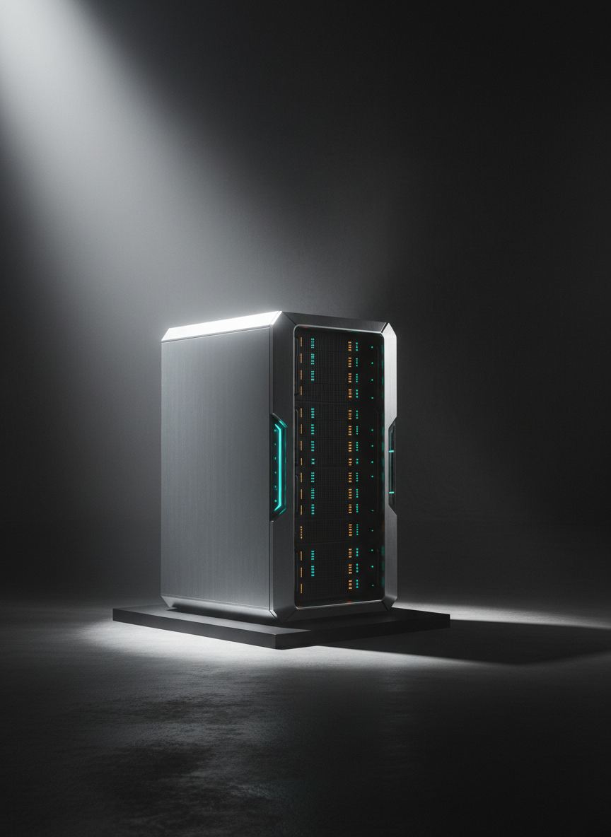 A modern, compact server rack with gleaming steel finishes and vertical LED status lights in vivid teal and amber, set against a bare, shadowed background. The rack sits raised on a narrow matte platform, isolated for emphasis. A solitary beam of sharp, directional white light slices in from the left, accentuating the hardware’s angular contours and throwing crisp, elongated shadows behind. The scene is shot at a pronounced three-quarter angle, enhancing the rack’s dimensionality while the stark, uncluttered environment amplifies the mood of robust technological power and cutting-edge competence—a perfect metaphor for geospatial data processing.
