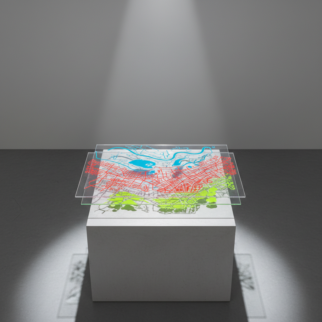 A meticulously arranged set of three transparent acrylic map overlays stacked atop one another, each layer etched with crisp lines and color-coded GIS data—waterways in glowing azure, roads in electric red, green spaces in vibrant lime. The overlays rest on a cool concrete plinth within an empty, white-walled studio. A single powerful spotlight from above delivers harsh, clean illumination, creating sharply defined, layered shadows on the plinth below. Captured from a top-down perspective for maximum clarity, this minimalist photographic scene conveys analytical precision and a visually striking boldness—ideal for a portfolio demonstrating geospatial analytical depth.