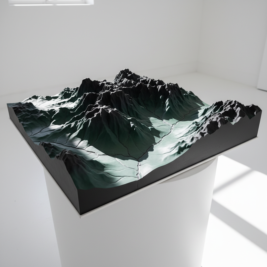 An ultra-sharp 3D terrain model crafted in smooth matte polymer, its surface undulating with precision to represent mountains, rivers, and valleys, colored in sophisticated gradients of deep green and slate grey. The model is positioned atop a stark, unembellished white pedestal within a vast minimalist room. Dramatic side lighting slices across the setup, highlighting ridges and casting crisp, intricate shadows, which enhance the model’s topographic realism. Photographed from an oblique angle to maximize depth and detail, the atmosphere is assertive and intellectually engaging, perfectly fitting a modern geospatial analysis context.