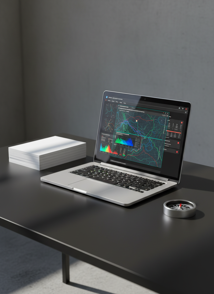 A minimalist workstation scene featuring a brushed aluminum laptop displaying an advanced multi-layered GIS interface with vibrant overlays, sitting atop a jet-black matte desk. The workstation is flanked by a geometric stack of clean white notepads and a single stylized compass. Hard, directional lighting streams across the setup, casting pronounced angular shadows and giving the hardware a cold, futuristic glow. Shot from a low perspective that emphasizes structure and line, the composition radiates boldness, innovation, and technical precision, echoing the multifaceted skills highlighted in a MGIST showcase.