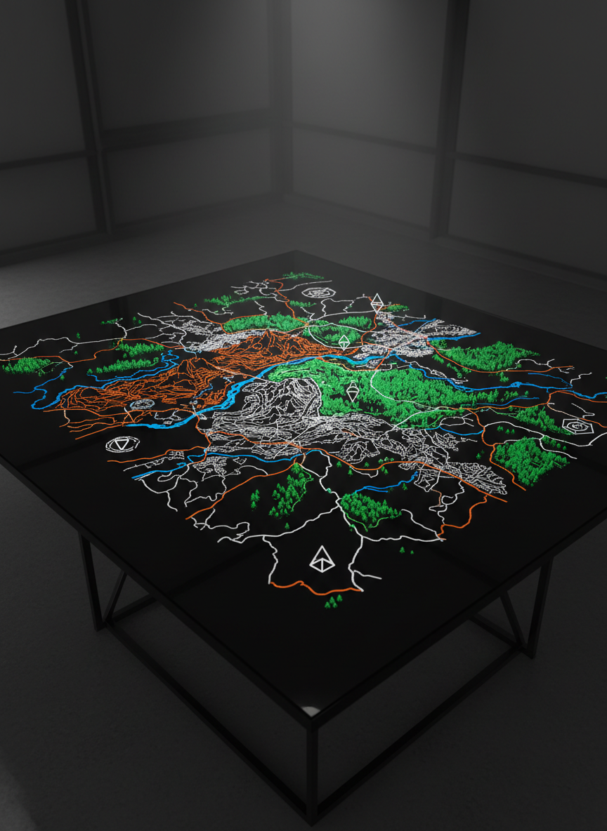 A sleek, high-resolution digital map rendered in bold, contrasting colors, featuring sharp vector outlines of varied terrain and urban areas on an expansive glossy black glass tabletop. The map glows subtly with crisp directional lighting from one side, casting distinct, defined shadows across the surface and emphasizing detailed contours and geometric icons. The background is minimalist and dark, ensuring complete focus on the map’s intricate features. Captured from a slightly elevated angle, the image uses a centered composition to convey authority and professionalism. The visual mood is powerful, dynamic, and unmistakably modern, aligning with a bold photographic realism ideal for a GIS portfolio homepage.